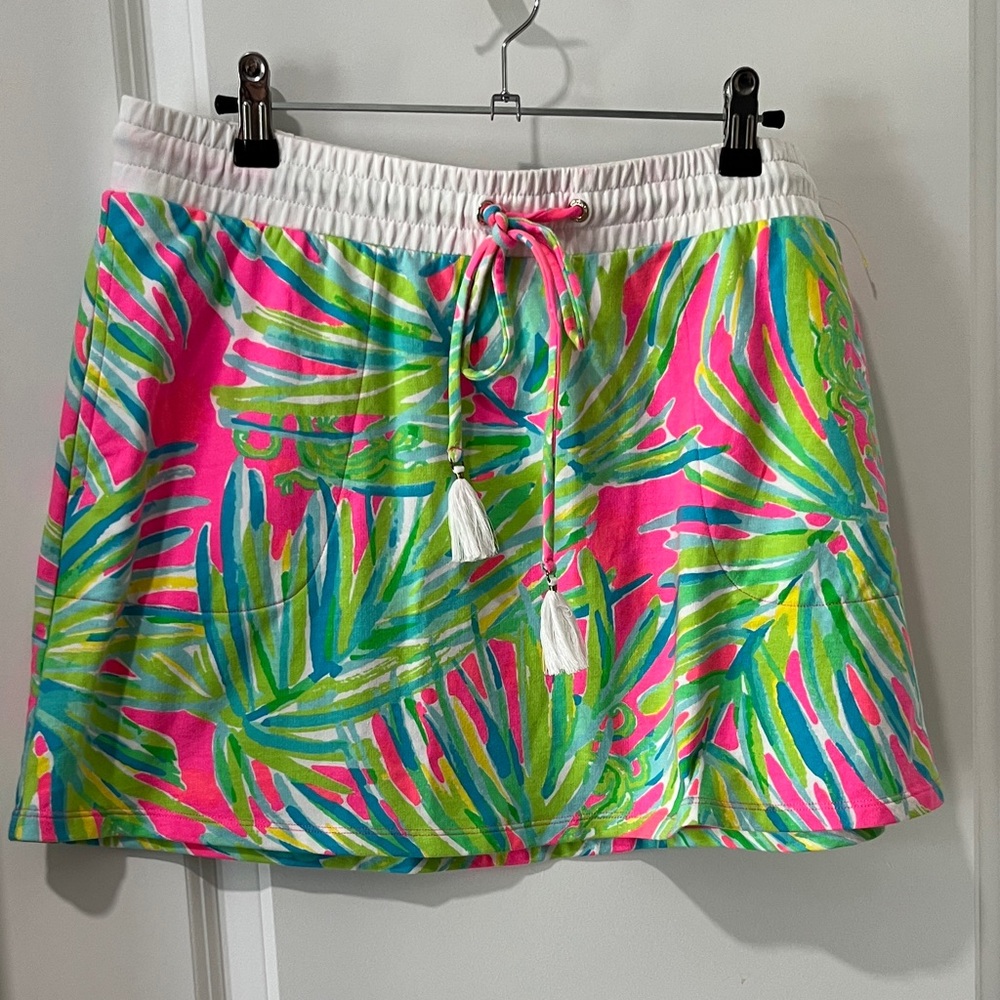 Lilly Pulitzer Zia Tassle Drawstring Pink and Green French Terry Skirt NWOT SZ L